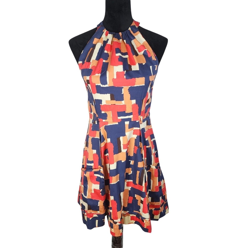 NEW DIRECTIONS Size 6 Colorful Cotton Stretch Fit & Flare Halter Dress w/pockets - Picture 1 of 11